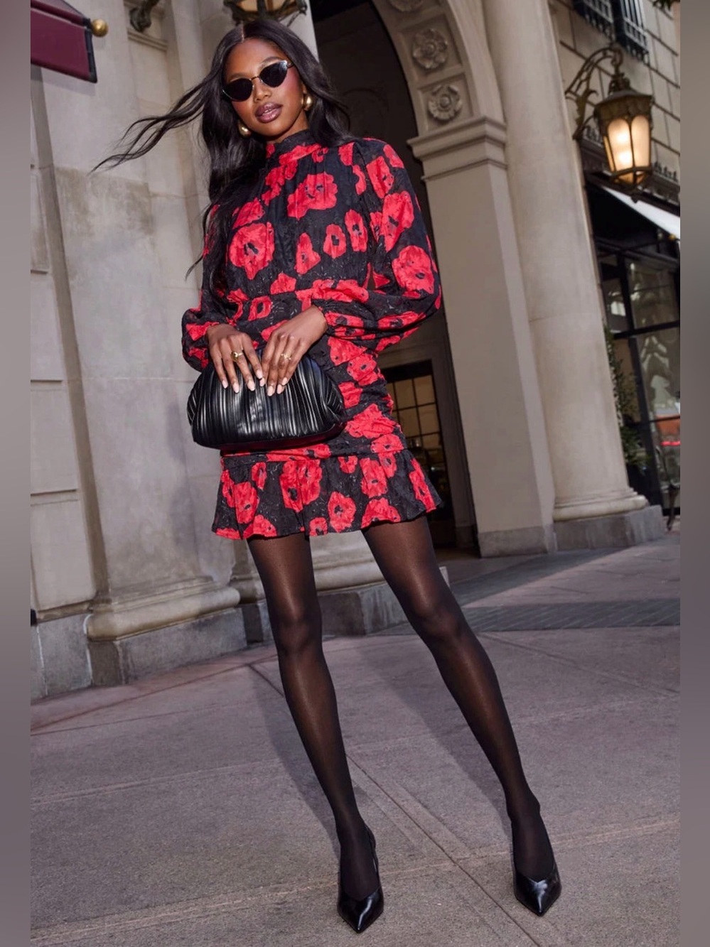 Vici Black Mini Dress with Bold Red Floral Print